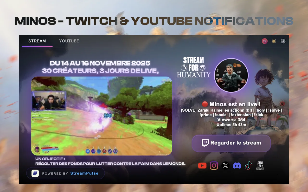 Minos : extension de notifications Twitch et YouTube, propulsée par StreamPulse