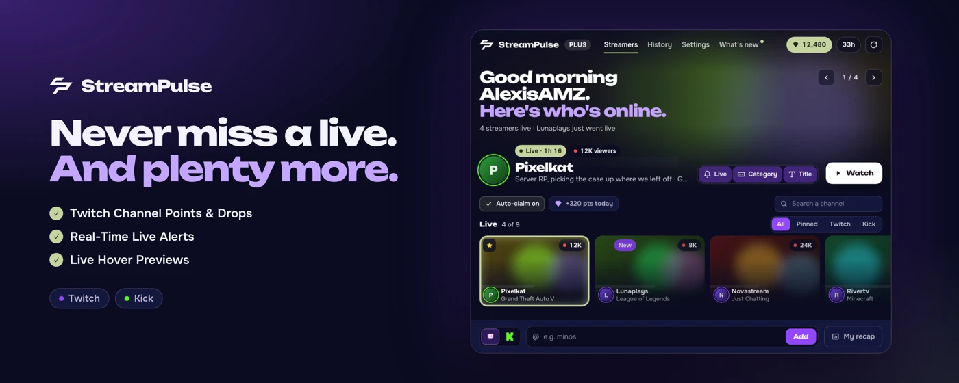 StreamPulse: live alerts, auto channel points and Drops on Twitch and Kick